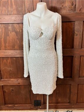 White Beaded Long-Sleeve Cocktail Dress with Cutout Bust